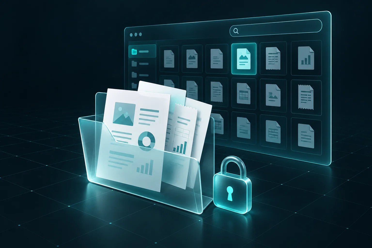 Digitale Dokumente, Ordner und Suchfunktion in einem leuchtenden Dokumentenmanagement-System.