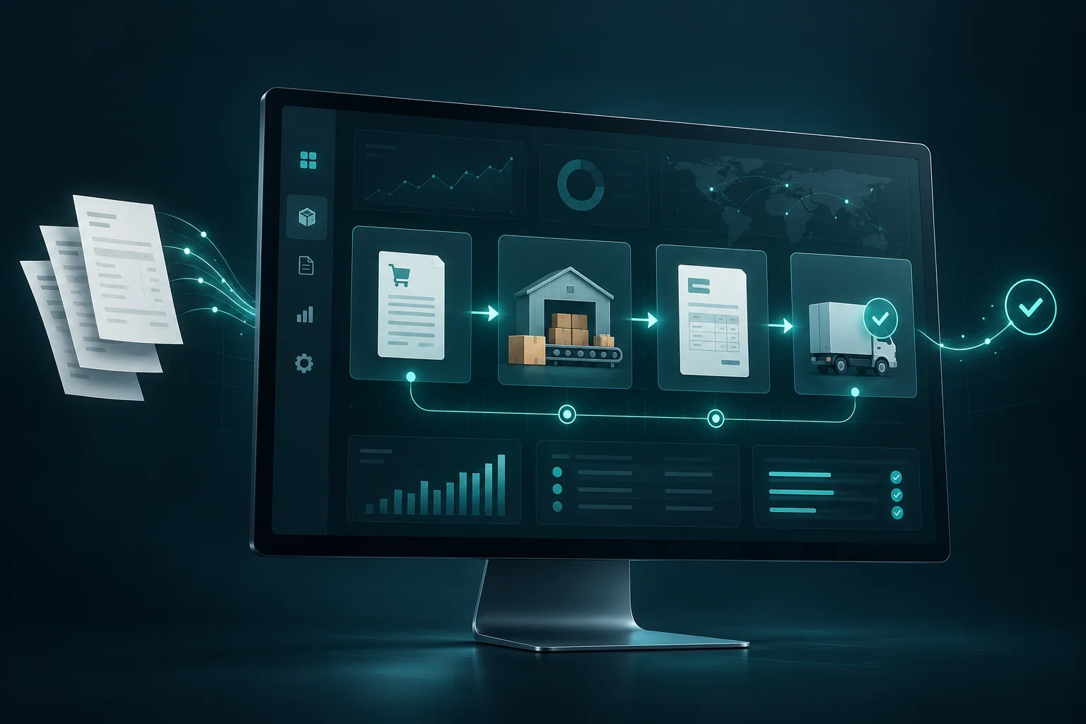 Digitaler ERP-Arbeitsplatz mit verbundenen Auftragskarten, Paket und Rechnung.