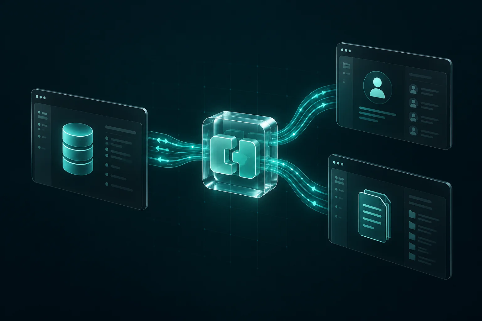 Mehrere digitale Systeme tauschen über türkis leuchtende Verbindungen Daten aus.